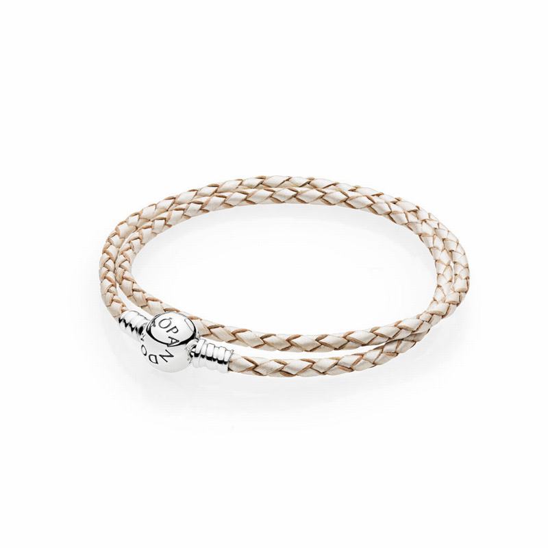 Pandora Champagne-Colored Braided Double-Leather Charm Bracelet NZ, Sterling Silver (892675-HZO)